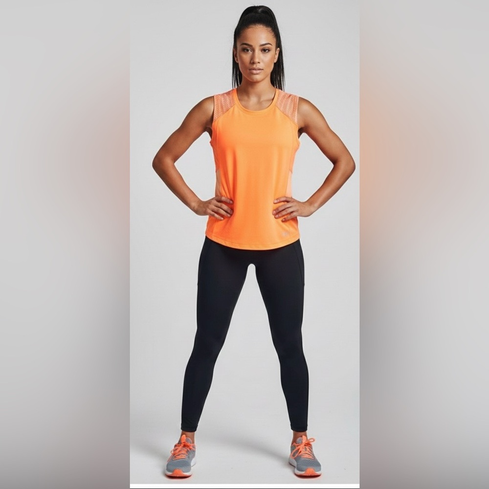 Under Armour orange sleeveless top, contrasting shoulder details, logo, Medium